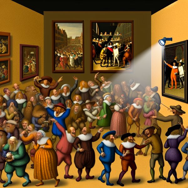 Uniek Kunstwerk in Drukke Galerie - Jan Steen Stijl Een levendig en humoristisch tafereel in een drukke kunstgalerie met bezoekers die een uniek schilderij bewonderen.