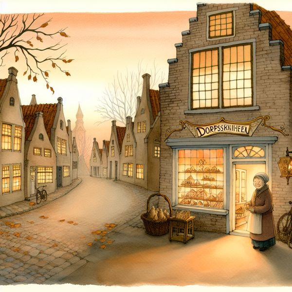 Unieke dorpswinkel alleen geopend in sprookjesachtig dorp bij avondlicht Een nostalgische dorpswinkel genaamd 'Dorpswinkel' als enige open winkel in een sfeervol dorp bij schemering, met een vriendelijke winkelier in de deuropening