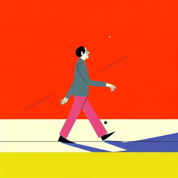 Minimalistische illustratie van een persoon met een unieke loop, weergegeven tegen een eenvoudige, gedurfde achtergrond.