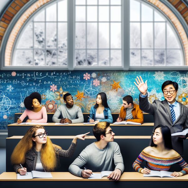 Vibrante illustratie van een universiteitscollege met studenten Illustratie van een levendige collegezaal met studenten die naar een docenten luisteren, omringd door winterse sneeuwlandschap.