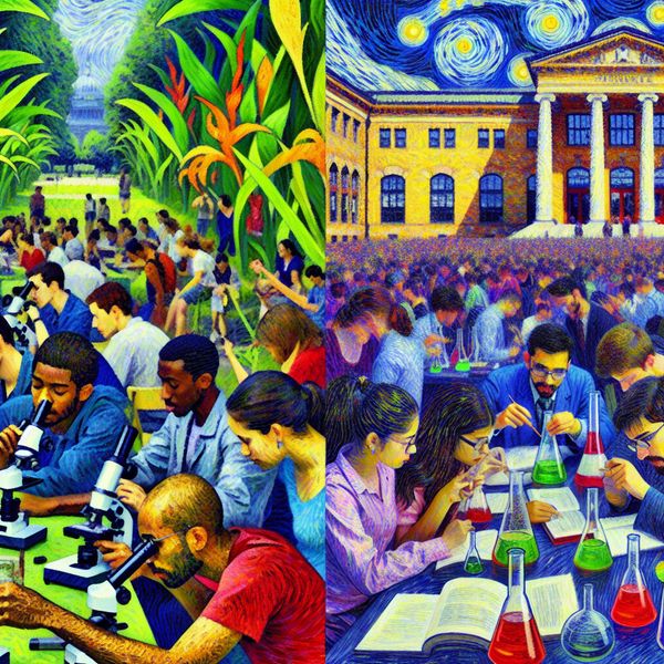 Dynamisch Universiteitscampus Wetenschapscène Vibrante university campus met studenten die verschillende wetenschappelijke activiteiten uitvoeren, waaronder biologie en chemie.