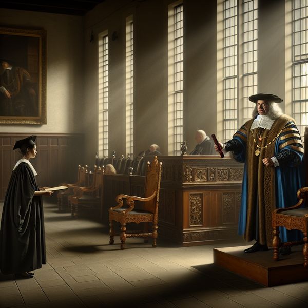 Universiteitspresident in academische toga reikt diploma uit aan student tijdens plechtige diploma-uitreiking in historische universiteitszaal
