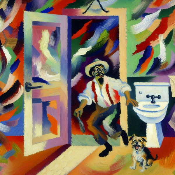 Urgente Toiletgang - Abstracte Kunst Abstract expressionistisch kunstwerk van een persoon die haastig naar een open badkamerdeur rent, met een speelse hond in de voorgrond, gesymboliseerd door levendige kleuren en dynamische penseelstreken.