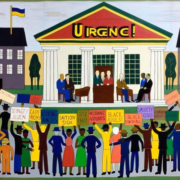 Urgentie van Bewonersverzoeken aan de Overheid Een diverse groep bewoners rondom een overheidsgebouw met een groot bord "URGENCE!" in heldere kleuren, die urgentie van hun verzoek benadrukken.