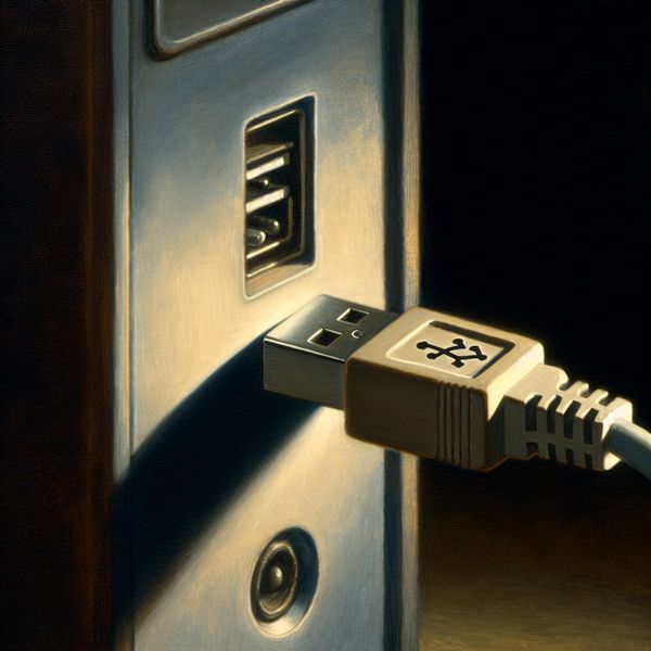 USB-aansluiting op vintage computer: elektronische verbinding in Rembrandt-stijl Digitale illustratie van een USB-kabel die wordt aangesloten op een vintage computer, met dramatische chiaroscuro-verlichting en warme aardetinten