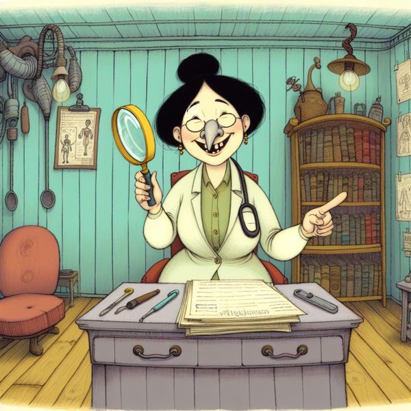 Cartoonachtige dokter met vergrootglas die tevreden een diagnose aanwijst op een patiëntenkaart in een gezellige spreekkamer, symbool voor vakkundigheid en vaardigheid