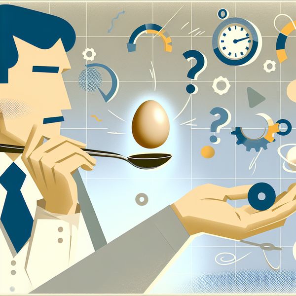 Illustratie van een persoon die met precisie een rauw ei balanceert op een lepel, omringd door zwevende geometrische vormen zoals klokken en vraagtekens, symboliserend voor vaardigheid en beheersing van een ogenschijnlijk eenvoudige taak
