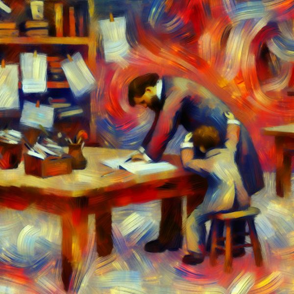Abstract expressionistisch schilderij van een vader die zijn kind helpt met huiswerk, met warme kleuren en dynamische penseelstreken