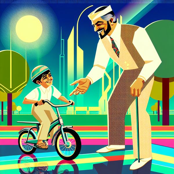 Vader leert kind fietsen in retro-futuristische parksetting Vader en kind lachen terwijl ze samen fietsen in een kleurrijk retro-futuristisch park.