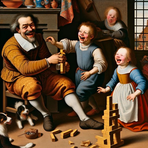 Vader en Kinderen Spelen met Blokken Een vader speelt met zijn kinderen en bouwt een toren van blokken in een gezellige woonkamer. De kinderen lachen terwijl ze proberen de blokken stapelen.