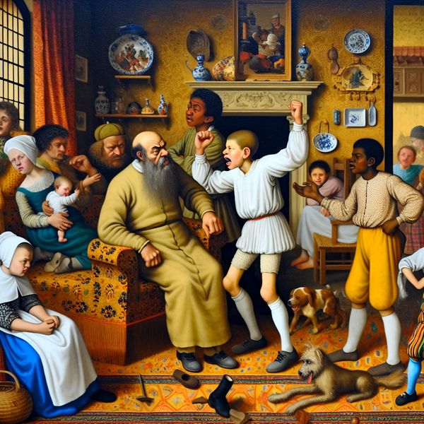 Schilderij in de stijl van Jan Steen van een strenge vader die een opstandige tiener verbiedt respectloos te spreken tegen zijn zus in een chaotisch huishouden