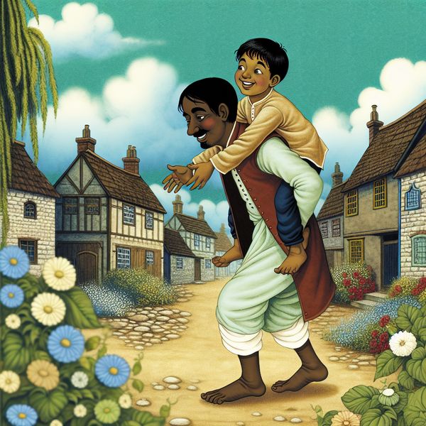 Vader en zoon op schouders in een pittoresk dorpje Een nostalgische illustratie van een vader die zijn jonge zoon op de schouders draagt tijdens een wandeling door een pittoresk dorpje met vintage huizen en bloeiende bloemen.