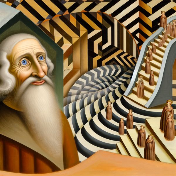 Vaderfiguur in een surrealistisch geometrisch landschap Een oudere man, als vaderfiguur, staat op een onmogelijke trap in een geometrisch landschap met optische illusies en herhalende patronen.