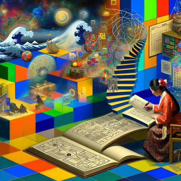 Een persoon die een vakantie plant met een gedetailleerde kaart en een kalender vol notities, omringd door surrealistische en geometrische elementen zoals een wenteltrap.