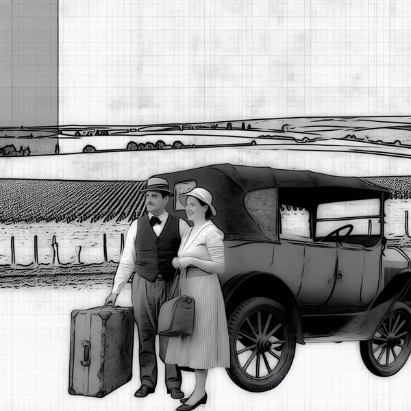 Illustratie van een vrouw en man die een vintage auto inpakken voor een vakantie naar Frankrijk