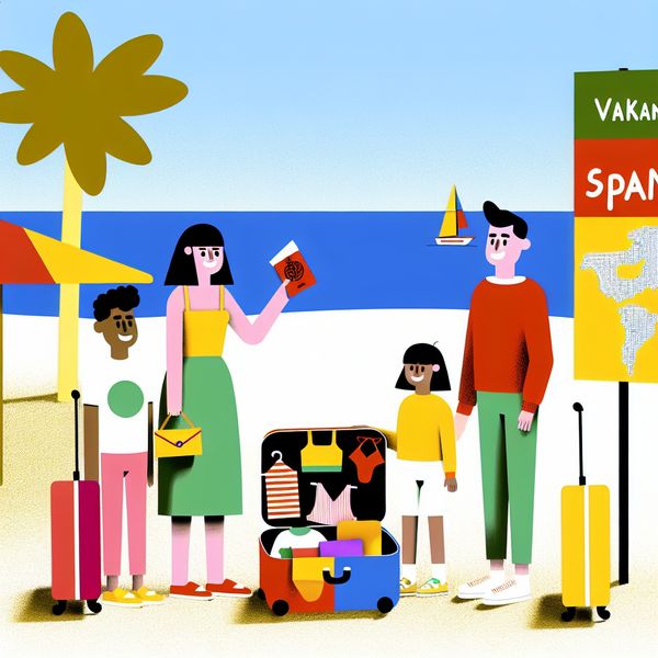 Minimalistische illustratie van een vrolijk gezin dat zich voorbereidt op een vakantiereis naar Spanje, met een koffer, paspoort en strandkaart