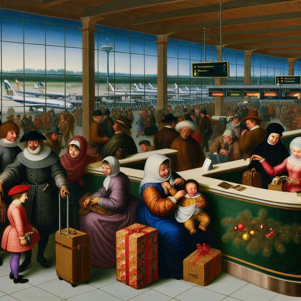 Vakantievoorpret in Avercamp-stijl op een modern vliegveld Een gezin bij een drukke vakantiemaliek bij een modern vliegveld, geïnspireerd door Hendrick Avercamp's stijl