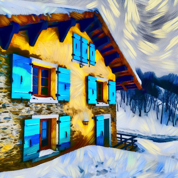 Winterse vakantiewoning met gesloten luiken Gezellige vakantiewoning met gesloten luiken omgeven door een winterlandschap met sneeuw en grijze lucht