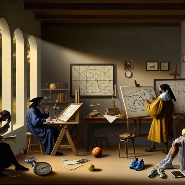 Discipline en vakgebieden in kunst: wetenschap, sport en kunst verenigd Serene studie met wetenschapper, atleet en kunstenaar die discipline en vakgebieden symboliseren in Vermeer-stijl