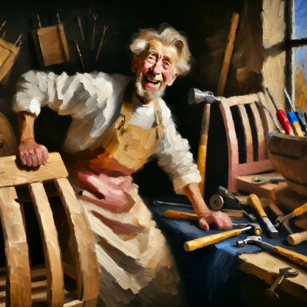 Oude vakman met trotse uitdrukking repareert houten stoel in ambachtelijke werkplaats, omringd door gereedschap in stijl van Frans Hals