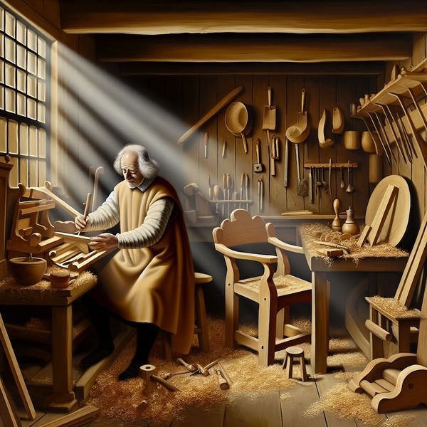 Oudere ambachtsman met vakmanschap houten stoel beitelt in zonnige werkplaats in Vermeer-stijl
