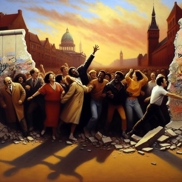 Scène van de val van de Berlijnse Muur in 1989 met mensen die vreugdevol het gevaarte overwinnen, graffiti zichtbaar en een ondergang van de zon.