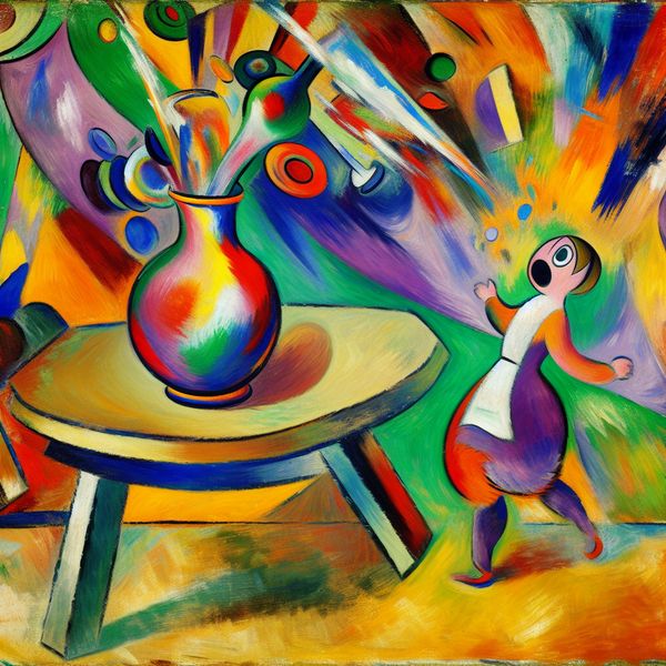 Vallen van een kleurrijke vaas - abstracte kunst Een kleurrijk, abstracte scène met een vallen van een grote vaas, een verraste kindachtige figuur, dynamische vormen en levendige kleuren.