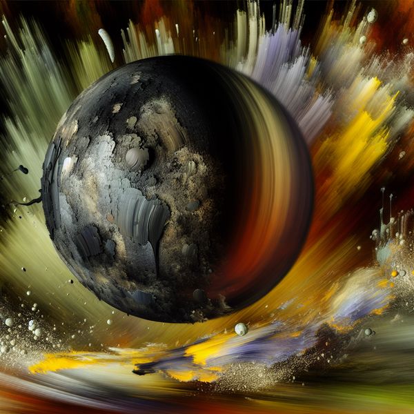 Abstracte expressie van een zware bal die valt, omringd door chaotische kleuren en krachtige penseelstreken die beweging en energie uitstralen.