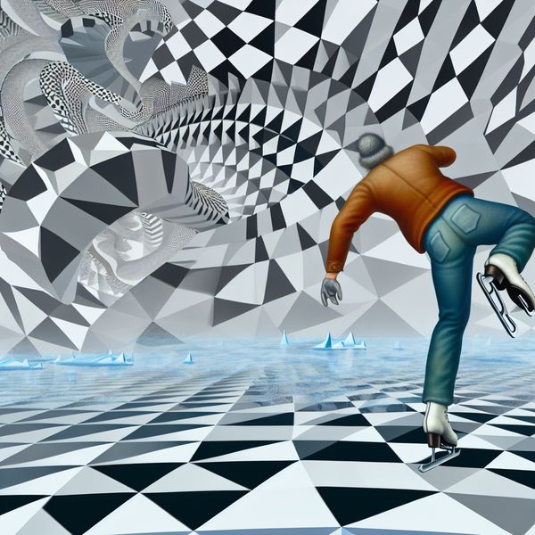 Surrealistische ijsdanser in vallende positie met nadruk op kont, geïnspireerd op M.C. Escher met optische illusies en geometrische patronen