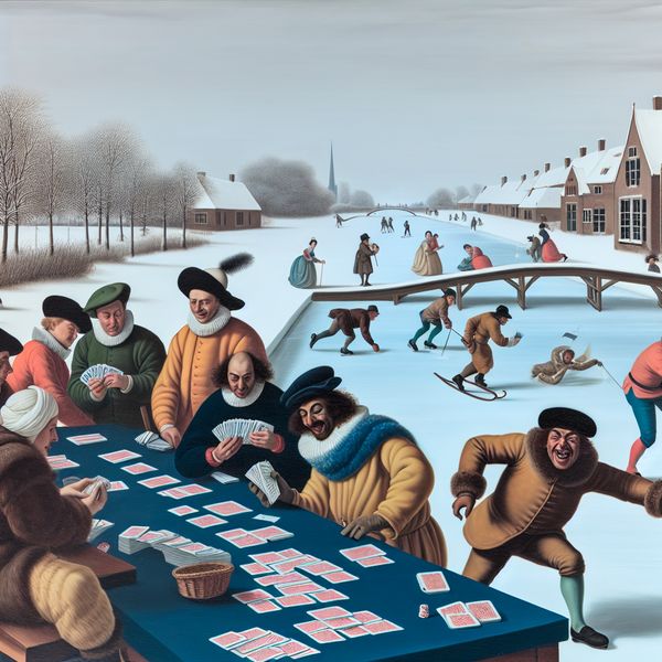 Vals spelen bij kaartspel op bevroren kanaal - wintertafereel in Avercamp-stijl Gedetailleerde winterscène in de stijl van Hendrick Avercamp met mensen die kaarten spelen op een bevroren kanaal, waarbij één persoon vals speelt door stiekem extra kaarten uit zijn mouw te halen