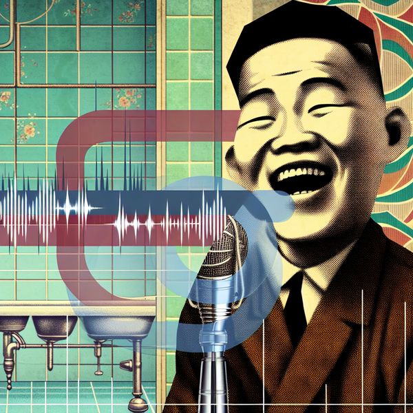 Retro-futuristische illustratie van een persoon die vals zingt onder de douche met geometrische geluidsgolven die dissonantie weergeven