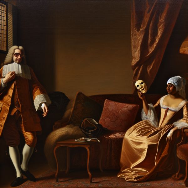 Gedrag en bedrog: valse charme in 17e-eeuws interieur met masker 17e-eeuws schilderij van een persoon met een masker achter de rug, symboliserend valse charme en bedrog in het dagelijks leven