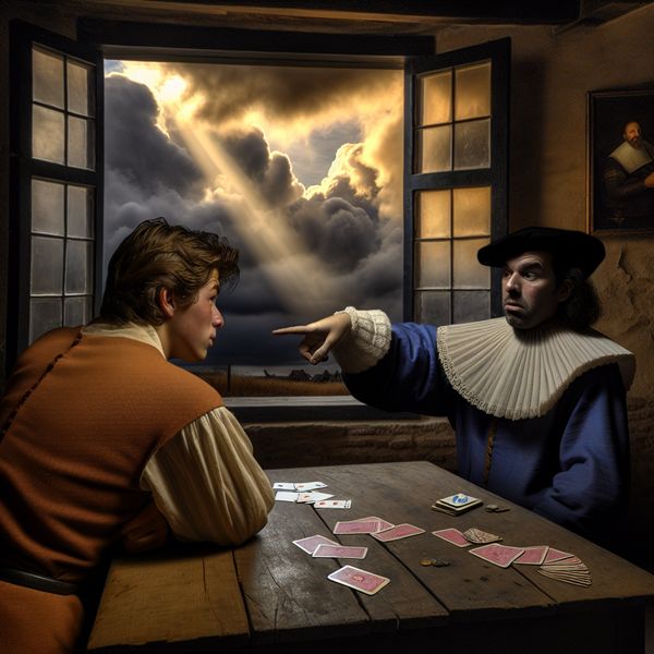 17e-eeuws Nederlands schilderij van een valsspelende broer tijdens een kaartspel in een herberg, met dramatische belichting en morele spanning