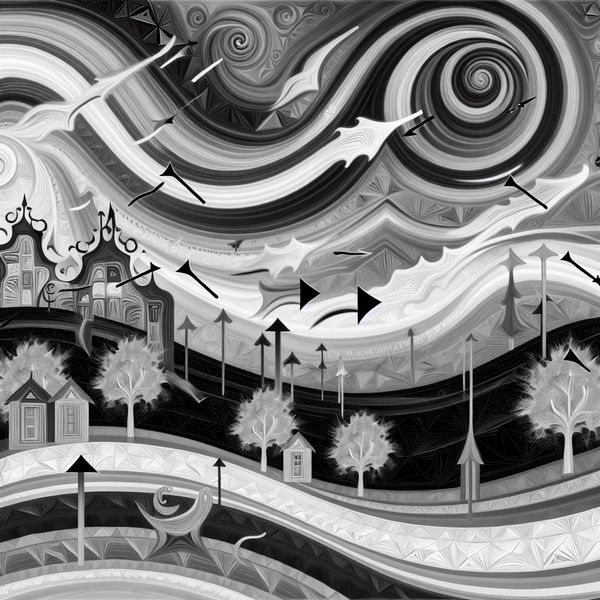 Surrealistische geometrische illustratie van wind die uit een bepaalde richting komt, geïnspireerd op M.C. Escher, met zwevende huizen en patronen van bladeren en vogels