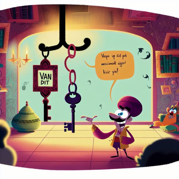 Cartoonfiguur wijst gefrustreerd naar lege sleutelhaak met label 'van dit' terwijl sleutelbos met ontbrekende sleutel vasthoudt