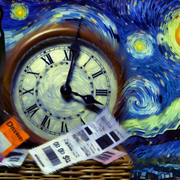 Vibrante klok van Van Gogh: de eindigende tijd en kortlopende aanbiedingen Expressieve schilderij in Van Gogh-stijl met een klok die naar middernacht wijst, omringd door aanbiedingen en vervagende bonnen, in een nachtelijke achtergrond.