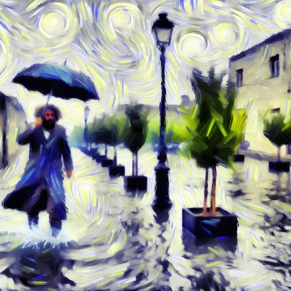 Stortregenscène in Van Gogh-stijl: Moment van Vertrek Persoon met paraplu stapt uit gebouw in stortregen, in stijl van Van Gogh
