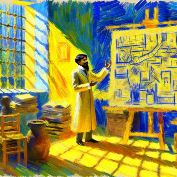 Van Gogh-stijl schilderij van specialisatie in kennis Een scholar in een Van Gogh-stijl schilderij, omringd door boeken, technologie en wetenschappelijke instrumenten, symboliseert specialisatie in kennis.