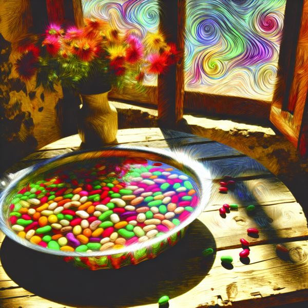 Expresieve Bonenschotel in Water bij Zonlicht Bonenschotel in water op een houten tafel bij zonlicht, in de stijl van Van Gogh