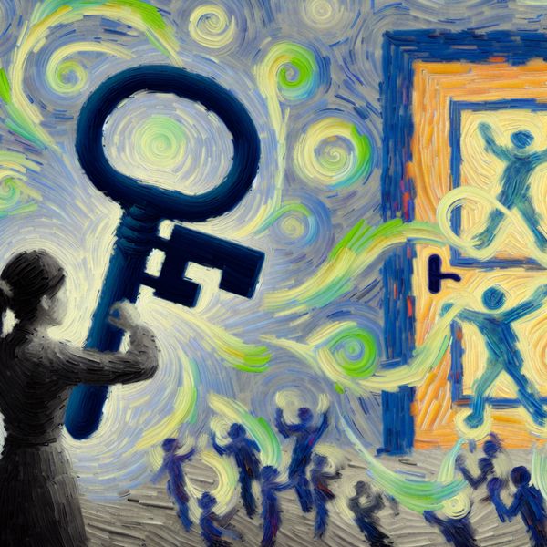 Van Gogh-stijl illustratie: deur op slot doen om toegang te voorkomen Persoon die een deur op slot doet met een grote sleutel in Van Gogh-stijl, met spookachtige silhouetten die buiten proberen binnen te komen, ter illustratie van het gevolg 'zodat niemand naar binnen kan'
