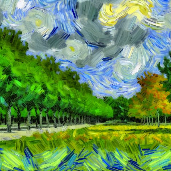 Van Gogh-style Park Scene in Weather Transition Landschap in Van Gogh-stijl van een levendig park met bewolkte lucht