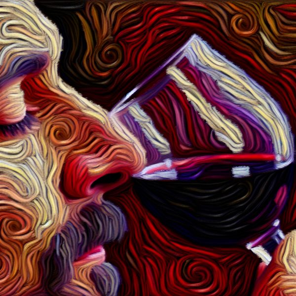 Van Gogh stijl portret met reukzin en wijnproeven - neus voor goede wijn Expressief portret van een man die aan een glas rode wijn ruikt, geschilderd in de stijl van Vincent van Gogh met zwierige penseelstreken en rijke kleuren