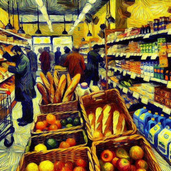Drukke supermarktinterieur in de expressieve stijl van Vincent van Gogh met kleurrijke producten en shoppers