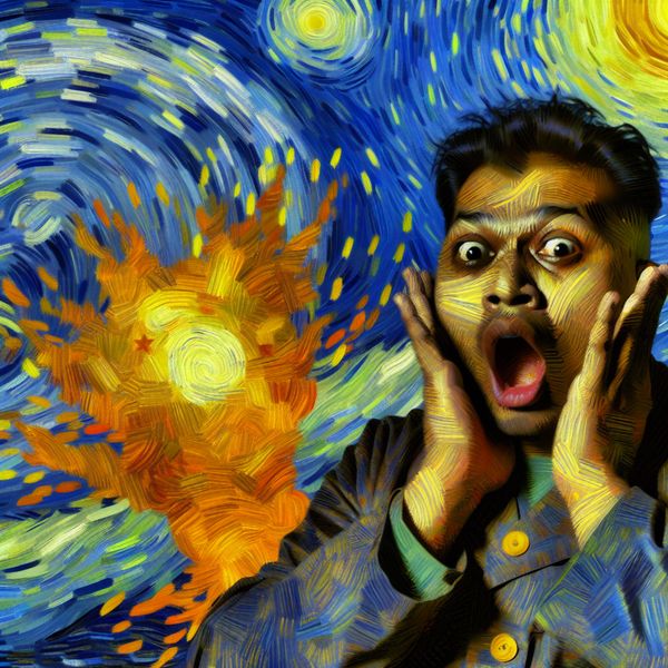 Van Gogh-geïnspireerde uitdrukking van verbazing en ongeloof met 'zoiets' Schilderij in Van Gogh-stijl van een persoon met een geschokte uitdrukking die naar een vaag, gloeiend object kijkt, symbool voor 'zoiets' in een uitroep van verbazing
