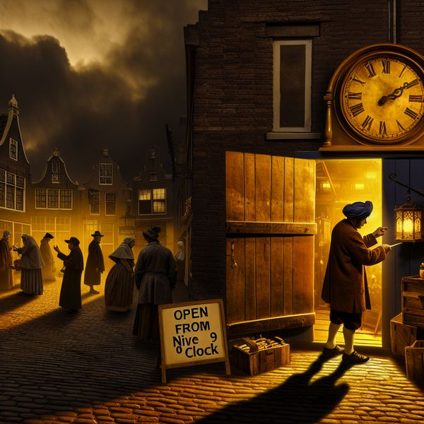 17e-eeuwse Nederlandse markt bij zonsopgang met een winkelier die de deuren opent om negen uur, bord met 'Vanaf negen uur open' in gouden licht