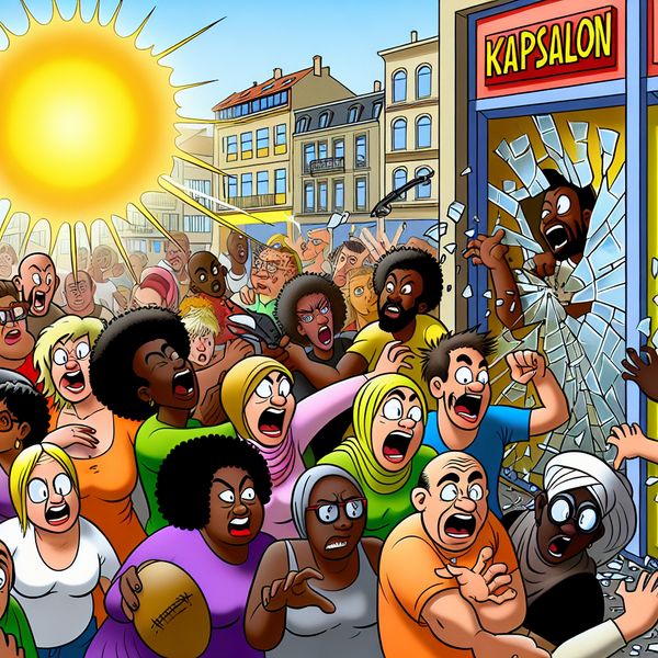 Cartoon van vandalen die ramen van kapsalon inslaan Een cartoonachtige weergave van een groep speelse vandalen die met blije gezichten de ramen van een kapsalon inslaan.