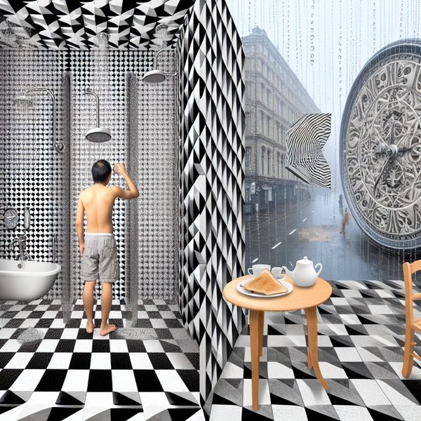 Surrealistische M.C. Escher-achtige voorstelling van 'vanochtend' met een persoon in een badkamer en op straat, geometrische patronen en optische illusies