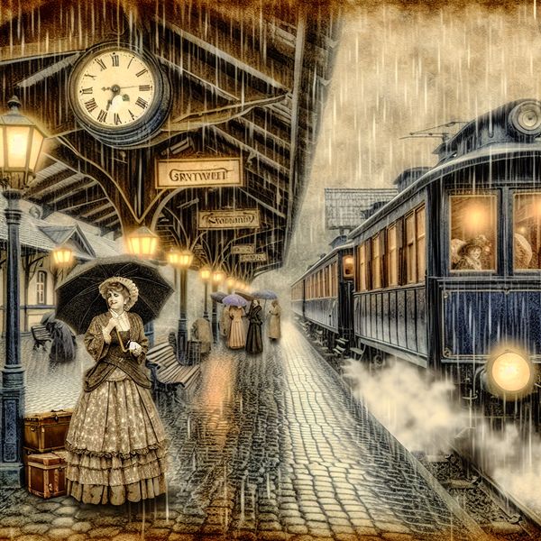 Vintage treinstation op een regenachtige dag waar een vrouw met een paraplu vanzelfsprekend de warme trein instapt, in nostalgische Anton Pieck-stijl