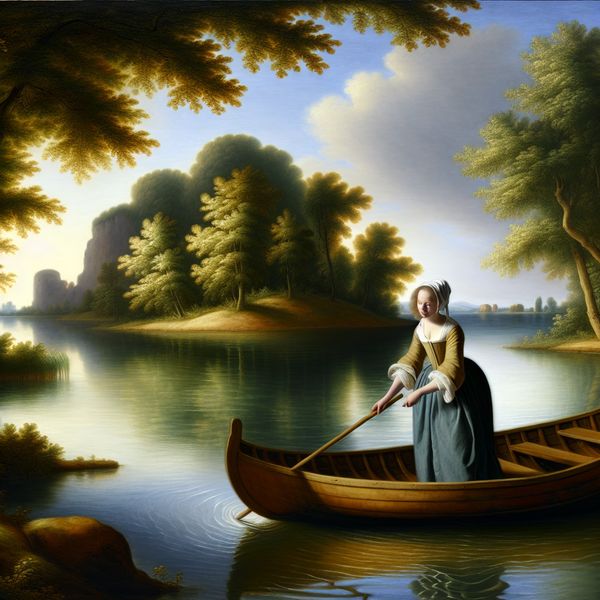 Tranquille boottocht naar eiland - schilderij in Vermeer-stijl voor Nederlands leren Vrouw vaart in een houten bootje over een rustig meer naar een eiland op een zonnige zomerdag, Vermeer-stijl