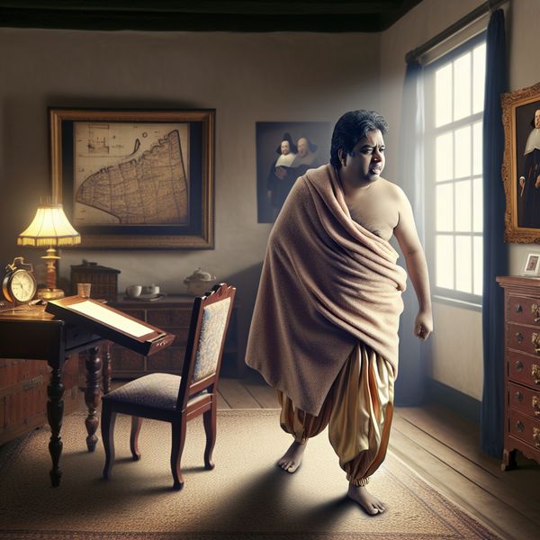 Vastberaden Man in Vermeer-Interieur Man in traditioneel Nederlands interieur met Vermeer-invloed, ondanks ziekte vastberaden aan schrijftafel werkend